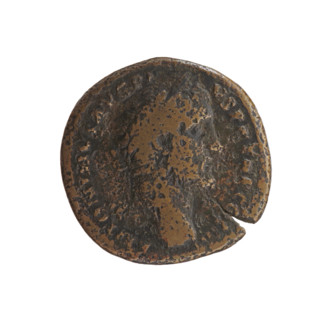 Sestertius of Antoninus Pius (86–161; Roman Emperor 138–161). Obverse: Head of Antoninus Pius in a