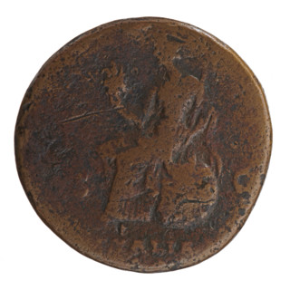 Sestertius of Antoninus Pius (86–161; Roman emperor 138–161), struck 140–144. Obverse: head of