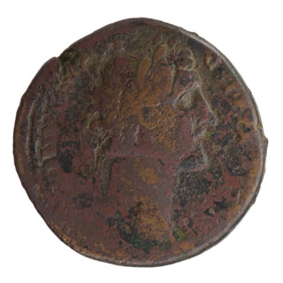 Sestertius of Antoninus Pius (86–161; Roman emperor 138–161). Obverse: head of Antoninus Pius in a