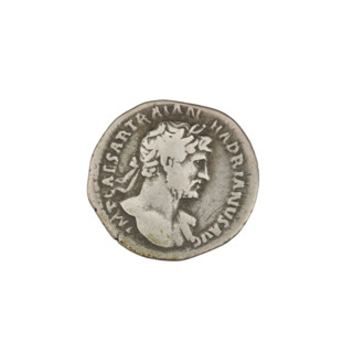 Denarius of Hadrian (76–138; Roman emperor 117–138). Obverse: bust of Hadrian with laurel wreath