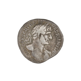 Denarius of Hadrian (76–138; Roman emperor 117–138). Obverse: bust of Hadrian with laurel wreath