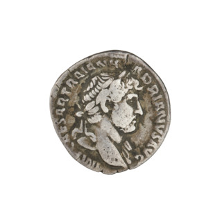 Denarius of Hadrian (117–138 CE). Obverse: Bust of Hadrian with laurel wreath facing right; rim