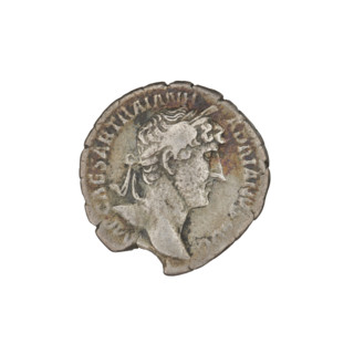 Denarius of Hadrian (76–138; Roman emperor 117–138). Obverse: Bust of Hadrian with laurel wreath
