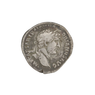 Denarius of Hadrian (76–138; Roman emperor 117–138). Obverse: Bust of Hadrian with laurel wreath