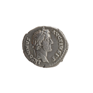 Denarius of Antoninus Pius (r. 138–161). Obverse: Head of Antoninus Pius in a laurel wreath facing