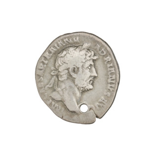 Denarius of Hadrian (76–138 CE), struck 119–122 CE. Obverse: laureate bust of Hadrian facing right;