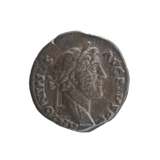 Denarius of Antoninus Pius (86–161; Roman emperor 138–161). Obverse: Head of Antoninus Pius in a