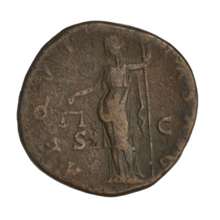 Sestertius of Hadrian (76–138; Roman emperor 117–138). Obverse: Bust of Hadrian with laurel wreath