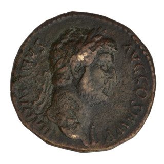Sestertius of Hadrian (76–138; Roman emperor 117–138). Obverse: Bust of Hadrian with laurel wreath