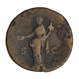 Sestertius of Hadrian (76–138; Roman emperor 117–138). Obverse: Bust of Hadrian with laurel wreath
