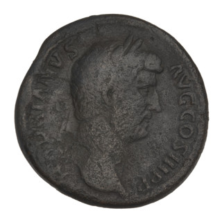 Sestertius of Hadrian (76–138; Roman emperor 117–138). Obverse: Bust of Hadrian with laurel wreath