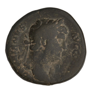 Sestertius of Hadrian (76–138; Roman emperor 117–138). Obverse: Bust of Hadrian with laurel wreath