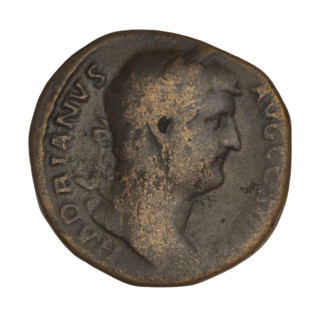 Sestertius of Hadrian (76–138; Roman emperor 117–138). Obverse: Bust of Hadrian with laurel wreath