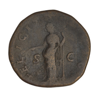 Sestertius of Hadrian (76–138; Roman emperor 117–138). Obverse: bust of Hadrian with laurel wreath