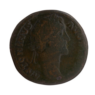 Sestertius of Antoninus Pius (86–161; Roman emperor 138–161). Obverse: Head of the emperor with a