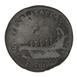 Sestertius of Hadrian (76–138 CE; Roman emperor 117–138). Obverse: Bust of Hadrian wearing a laurel