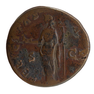 Sestertius of Antoninus Pius (86–161; Roman emperor 138–161). Obverse: head of the emperor in a