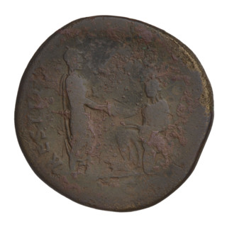 Sestertius of Hadrian (76–138; Roman Emperor 117–138). Obverse: bust of Hadrian facing right in