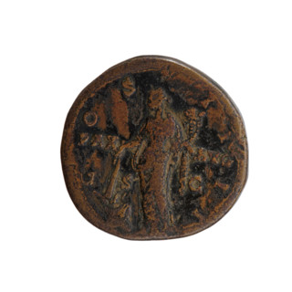 Sestertius of Antoninus Pius (86–161; Roman emperor 138–161). Obverse: head of the emperor in a