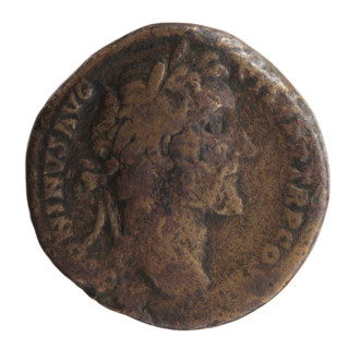 Sestertius of Antoninus Pius (86–161; Roman emperor 138–161). Obverse: Head of Antoninus Pius in a