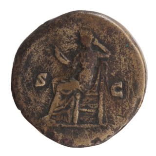 Sestertius of Antoninus Pius (86–161; Roman emperor 138–161). Obverse: head of Antoninus Pius in a