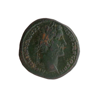 Sestertius, Antoninus Pius (86–161; Roman emperor 138–161) — obverse: head of Antoninus Pius with a