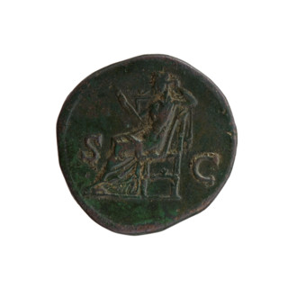 Sestertius of Antoninus Pius (86–161; Roman emperor 138–161). Obverse: head of Antoninus Pius with