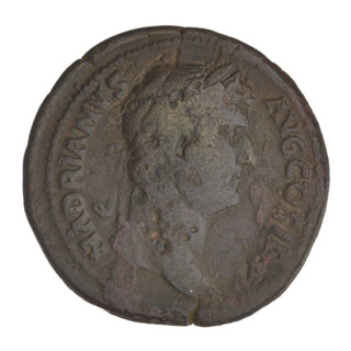 Sestertius of Hadrian (76–138 CE; Roman emperor 117–138). Obverse: head of Hadrian with laurel