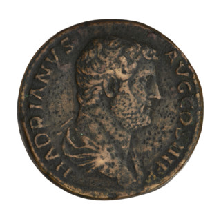 Sestertius of Hadrian (76–138; Roman emperor 117–138). Obverse: bust of Hadrian with laurel wreath