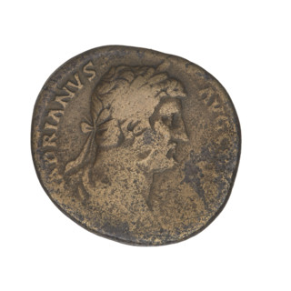 Hadrian (76–138; Roman Emperor 117–138). Obverse: head of Hadrian in laurel wreath facing right;