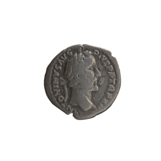 Denarius of Antoninus Pius (86–161; Roman emperor 138–161). Obverse: Head of Antoninus Pius in a