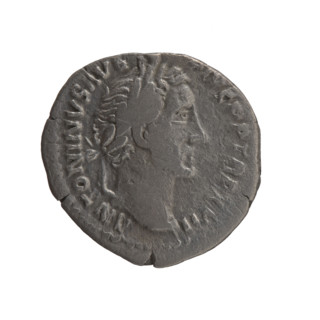 Denarius of Antoninus Pius (86–161; Roman emperor 138–161). Obverse: Head of Antoninus Pius in a