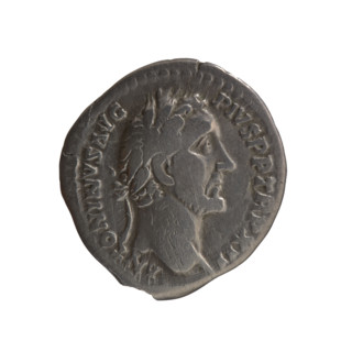 Denarius of Antoninus Pius (86–161; Roman emperor 138–161). Obverse: Head of Antoninus Pius in a