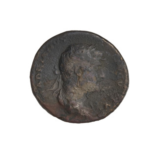 Hadrian (76–138; Roman emperor 117–138). Obverse: head of Hadrian in laurel wreath facing right;