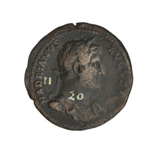 Hadrian (76–138; Roman emperor 117–138). Obverse: head of Hadrian in laurel wreath facing right;