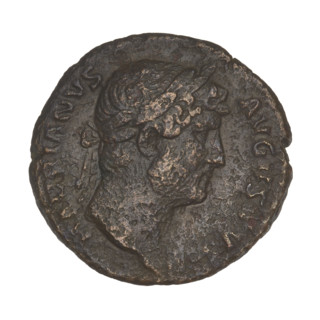 Hadrian (76–138; Roman emperor 117–138). Obverse: Bust of Hadrian with laurel wreath facing right;