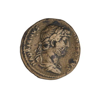 Hadrian (76–138; Roman emperor 117–138). Obverse: Bust of Hadrian with laurel wreath facing right;