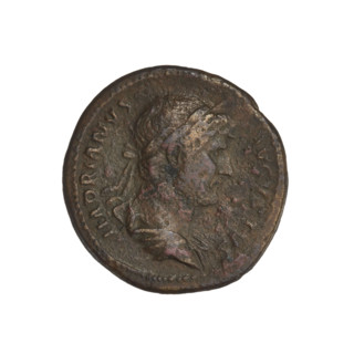 Hadrian (76–138; Roman emperor 117–138); obverse: bust of Hadrian with laurel wreath facing right,