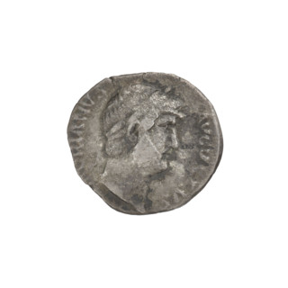 Denarius of Hadrian (76–138 CE), Roman emperor 117–138. Obverse: head of Hadrian in laurel wreath