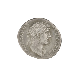 Denarius of Hadrian (76–138; Roman emperor 117–138). Obverse: head of Hadrian in laurel wreath