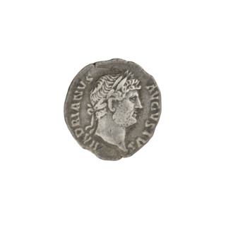 Denarius of Hadrian (76–138; Roman emperor 117–138). Obverse: head of Hadrian in laurel wreath
