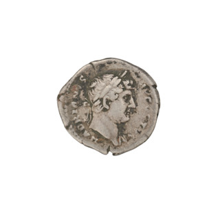Denarius of Hadrian (76–138 CE; Roman emperor 117–138). Obverse: head of Hadrian with laurel wreath