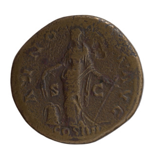Sestertius, Antoninus Pius (86–161; Roman emperor 138–161), issuer. Obverse: Head of Antoninus Pius
