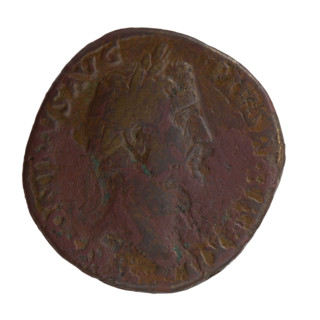 Sestertius of Antoninus Pius (86–161; Roman emperor 138–161). Obverse: Head of Antoninus Pius with
