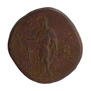 Sestertius of Antoninus Pius (86–161; Roman emperor 138–161). Obverse: Head of Antoninus Pius with