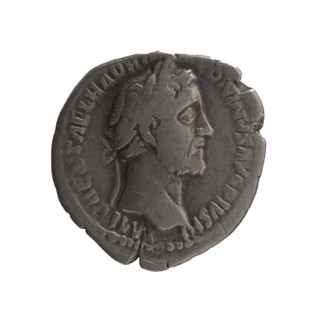 Denarius of Antoninus Pius (86–161; Roman emperor 138–161). Obverse: Head of Antoninus Pius in a
