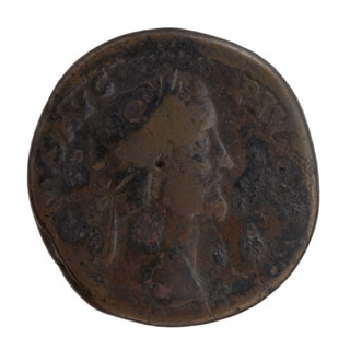 Sestertius, Antoninus Pius (86–161; Roman emperor 138–161). Obverse: head of Antoninus Pius in a