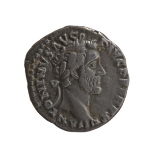 Denarius of Antoninus Pius (86–161; Roman emperor 138–161). Obverse: Head of Antoninus Pius in a