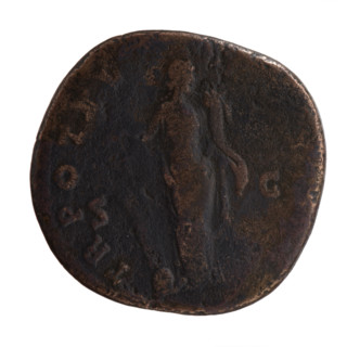 Sestertius of Antoninus Pius (86–161; Roman emperor 138–161). Obverse: Head of Antoninus Pius in a