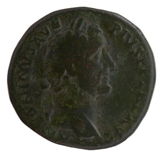 Sestertius, Antoninus Pius (86–161; Roman emperor 138–161). Obverse: Head of Antoninus Pius in a
